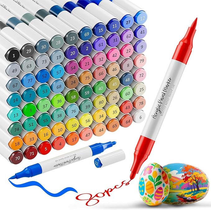 WELLOKB 80 Colors Dual Tip Acrylic Paint Markers, Fabric Markers, Brush Tip Permanent Acrylic Paint Pens for Wood, Glass, Rocks, Paper, Coloring book,Ceramic,DIY Crafts for Adults