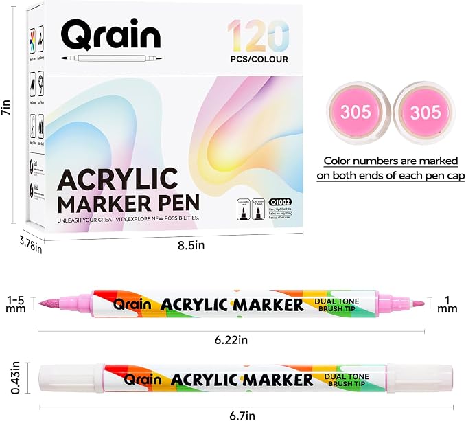Qrain Acrylic Paint Markers Set, 120 Colors, Dual Tips (Brush & Fine), Water-Based Acrylic Markers for Rock, Wood, Glass, Fabric, Ceramics & DIY Crafts