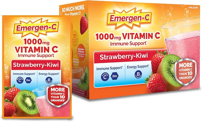 Emergen-C 1000mg Vitamin C Immune Support Powder Strawberry Kiwi 30CT includes Zinc, Manganese, 7 B Vitamins and Electrolytes for Back to School Essentials