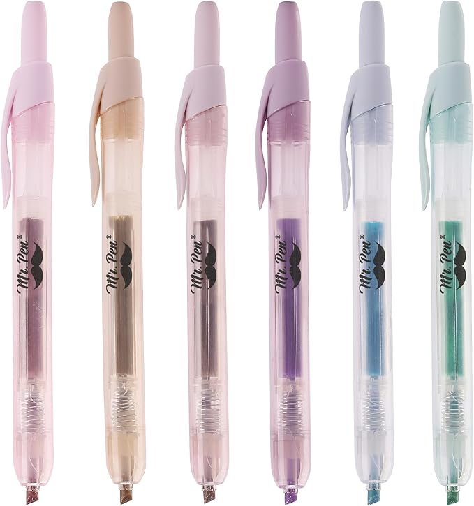 Mr. Pen- Retractable Highlighters, 6 Pack, Muted Pastel Colors, Chisel Tip Highlighter Marker Set, Click Highlighter Markers for Classroom, Journaling, Study Supplies, No Bleed On Standard Pages