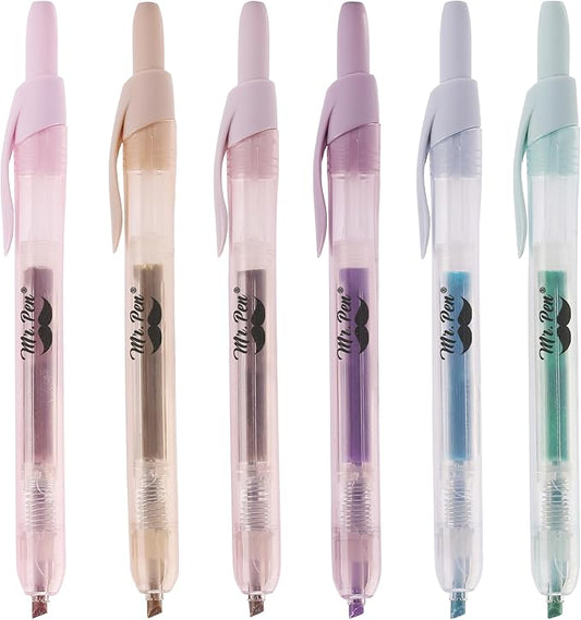 Mr. Pen- Retractable Highlighters, 6 Pack, Muted Pastel Colors, Chisel Tip Highlighter Marker Set, Click Highlighter Markers for Classroom, Journaling, Study Supplies, No Bleed On Standard Pages