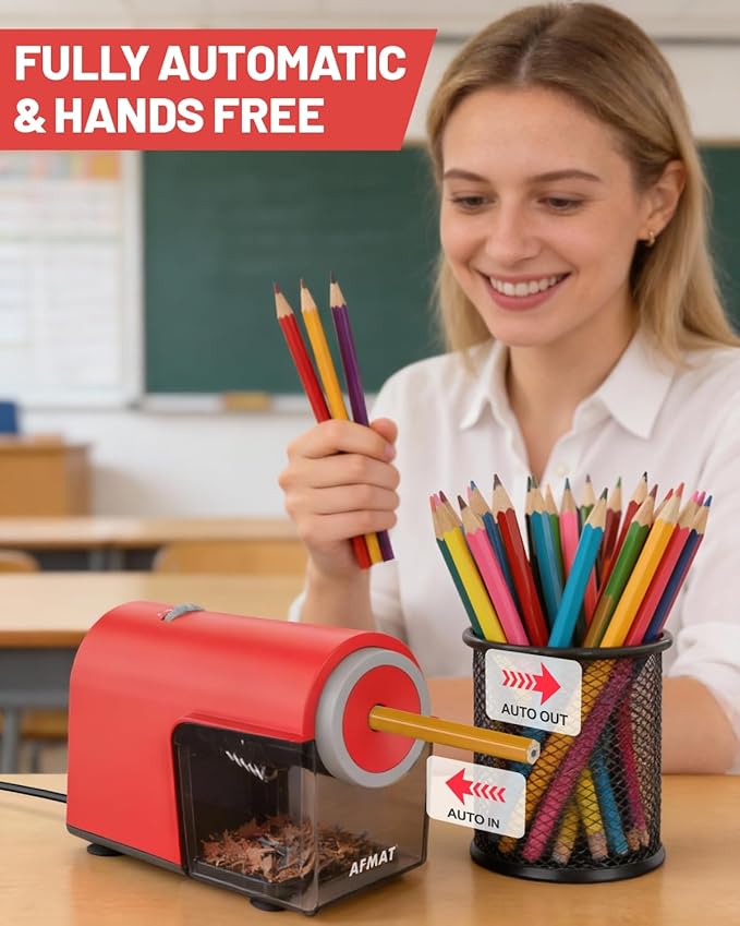 AFMAT Electric Pencil Sharpener, Fully Automatic Pencil Sharpener for 6.5-10.5mm No.2/Jumbo/Colored Pencils, Auto in & Out, 5 Sharpness Modes, 10000+ Sharpenings for Classroom Home Office, PSC5(120V)