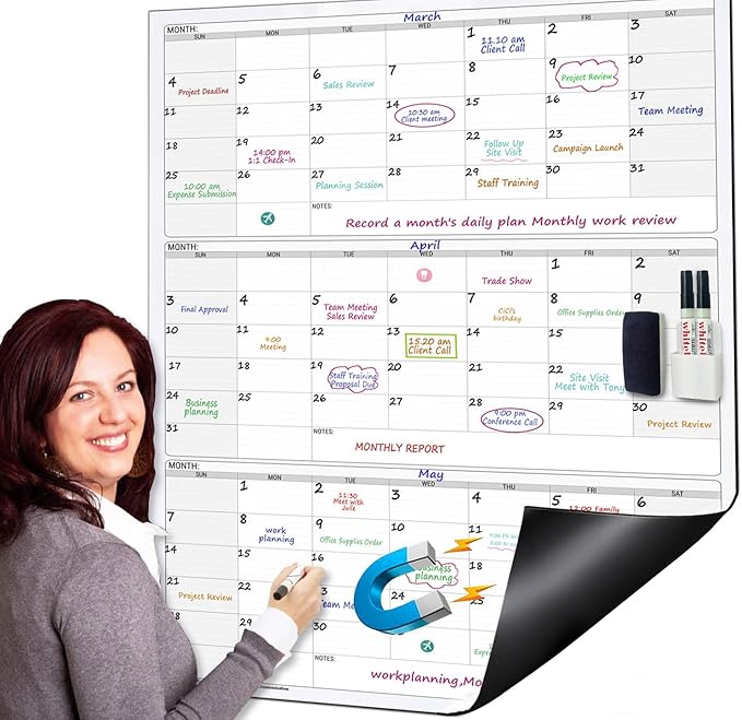 Extra Large Magnetic Dry Erase 3 Month Calendar for Wall, 46" x 63" Jumbo 90 Day Quarterly Whiteboard Calendar, Dual-Sided Magnetic Undated Planner with Big Blocks for Office & Family