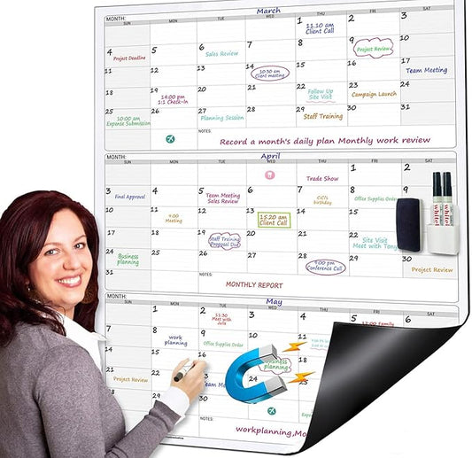 Extra Large Magnetic Dry Erase 3 Month Calendar for Wall, 46" x 63" Jumbo 90 Day Quarterly Whiteboard Calendar, Dual-Sided Magnetic Undated Planner with Big Blocks for Office & Family