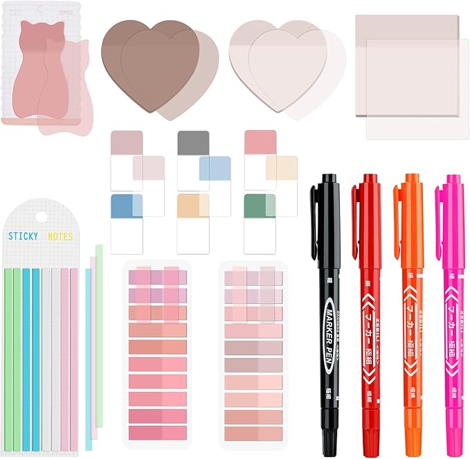 BAYTORY 850 Sheets Transparent Sticky Notes with Permanent Markers, Clear 3 x 3 inch Sticky Note to Post Book Annotation Kit, See Through Self-Adhesive Index Tabs for Bible Journaling (Pink)