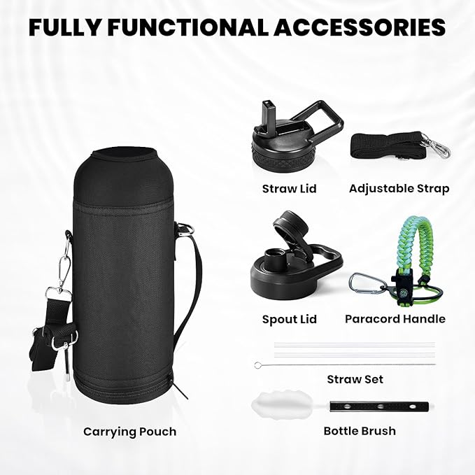 RAYMYLO Insulated Water Bottle 40 oz, Triple Wall Vacuum Stainless Steel (Cold for 36Hrs, Hot for 18Hrs), Leak Proof & Non-BPA, Modern Water Flask Jug with Paracord Handle & Straw Spout Lids