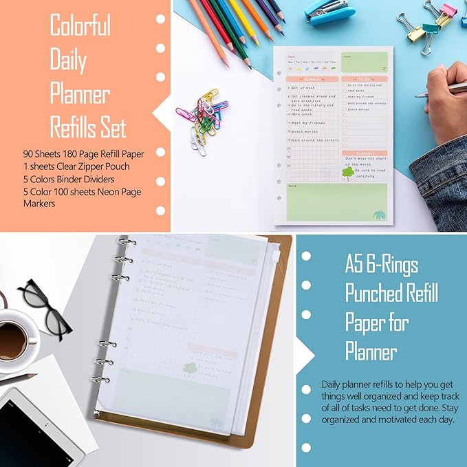 Rancco A5 Planner Inserts Daily Refills, 90 Pages Colorful 6-Ring Loose-leaf Binder Planner Inserts w/Divider, PVC Pouch, Ruler, Index Tab for Journal, Filofax, Double-sided, Undated,8.3x5.6"