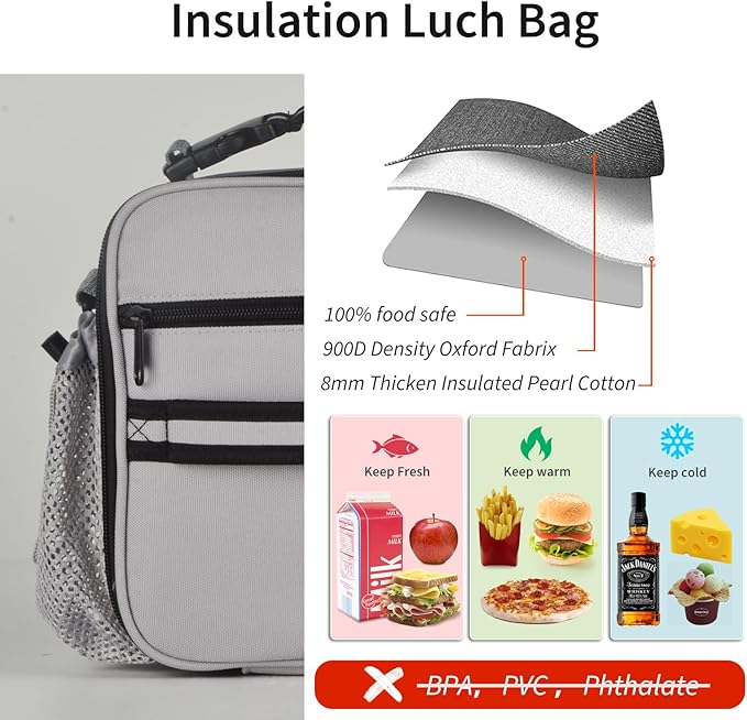 Cerbonny Kids Lunch Box, Gray, Unisex, Polyester, With Insulated Interior, Four Carrying Options, and Big Capacity