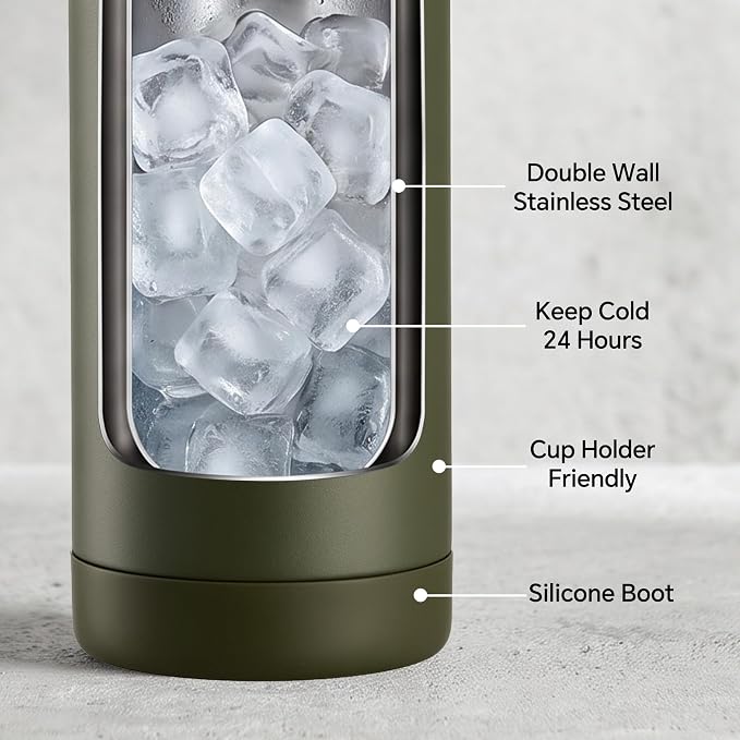 Fijinhom 18 oz Insulated Water Bottle with 2 Lids, Stainless Steel Water Bottles, Double Wall Vacuum, Portable Handle & Non-slip Bottom, BPA Free Leak Proof Metal Bottles, Keep Cold 24H, Green