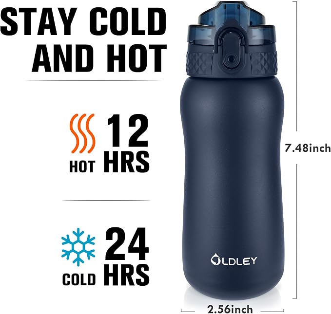 Oldley Insulated Water Bottle 12oz Water Bottles with Straw, Stainless Steel Water Bottle with 2 Lids, Double Wall Vacuum Bottels for Adults Kids,Leak-Proof Sport Bottles for School Travel, Navy Blue