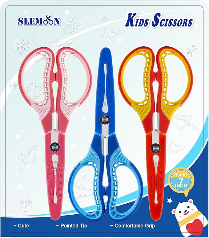 7" Kids Scissors - Pointed Tip Right/Left Scissors with Protective Cover, Soft ABS Grips & Stainless Steel Blades, Ultra Durable for Classroom, Homeschool, Daily Use (3-Pack)