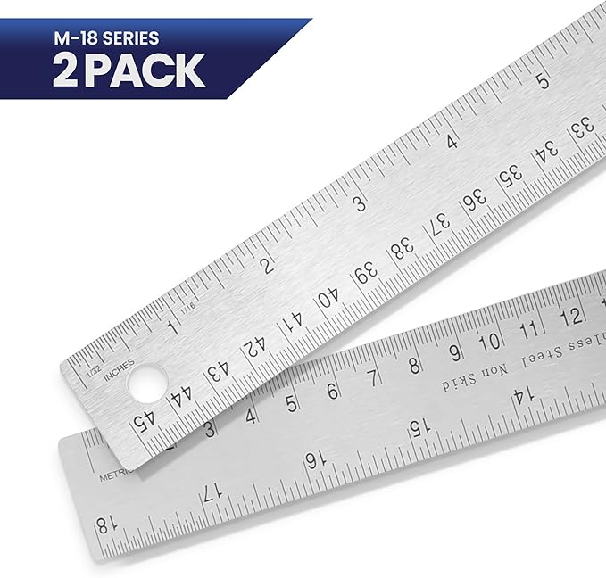 2 Pack Pacific Arc Stainless Steel 18 Inch Metal Ruler Non-Slip Cork Back, with Inch and Metric Graduations
