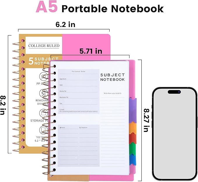 CAGIE Small Spiral Notebooks with Removable Dividers Tabs, 5 Subject Notebook College Ruled, A5 Notebooks for School Work with Plastic Cover, Back Pocket, Spiral Bound, Pink