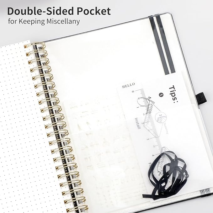EMSHOI Dotted Journal Spiral Notebook - 300 Pages, A4 Hardcover Leather, 100 GSM Thick Dot Grid Notebook for Women Men Work Writing, Journaling, Drawing, 8.27" x 11.2", Black