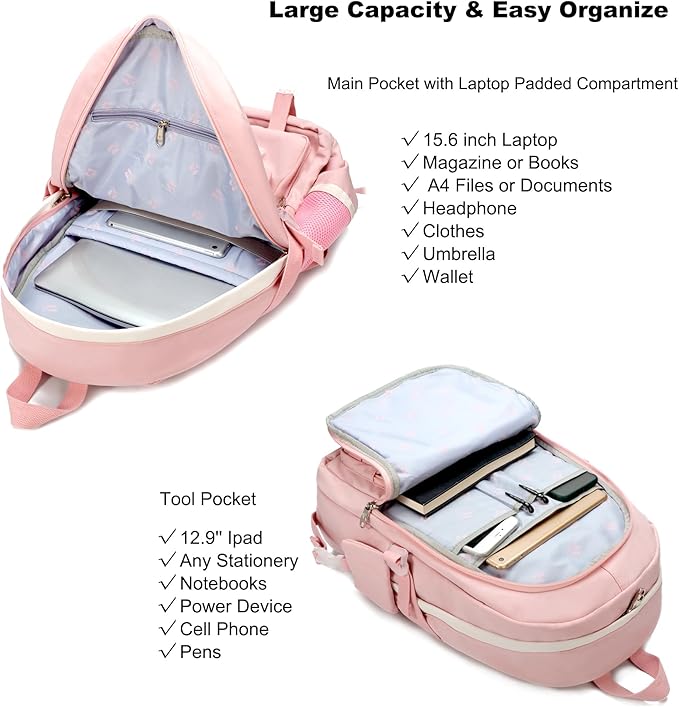 Hidds Laptop Backpacks 15.6 Inch College Backpack Elementary Middle High School Bag Large Cute Bookbags Anti Theft Travel Back Pack Casual Daypack Kids Book Bag for Teens Girls Women Students (Pink)