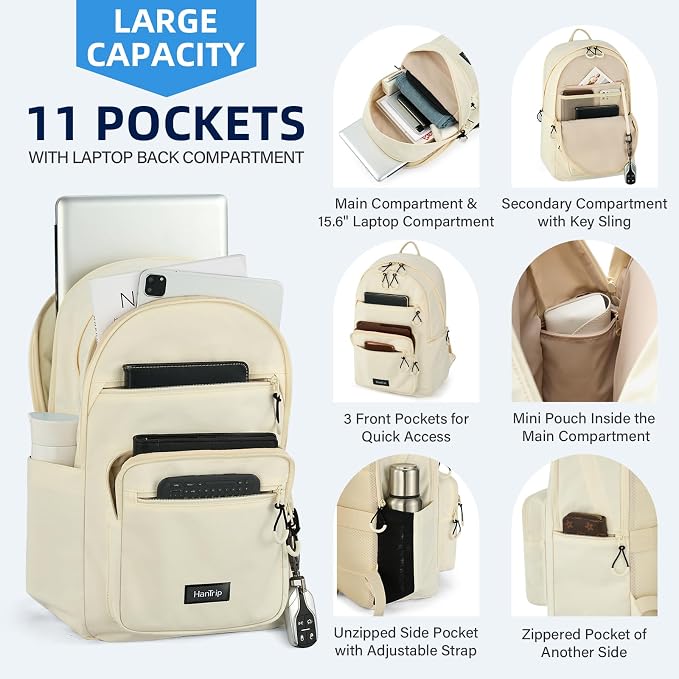 HanTrip 18 Inch Carry on Travel Backpack with Lots of Pockets, Offwhite | 15.6 Inch Laptop Sleeve, Luggage Strap, Water Bottle Pocket, 28 Liters, Lightweight, Water Resistant, 18x14x8 Medium Bookbag