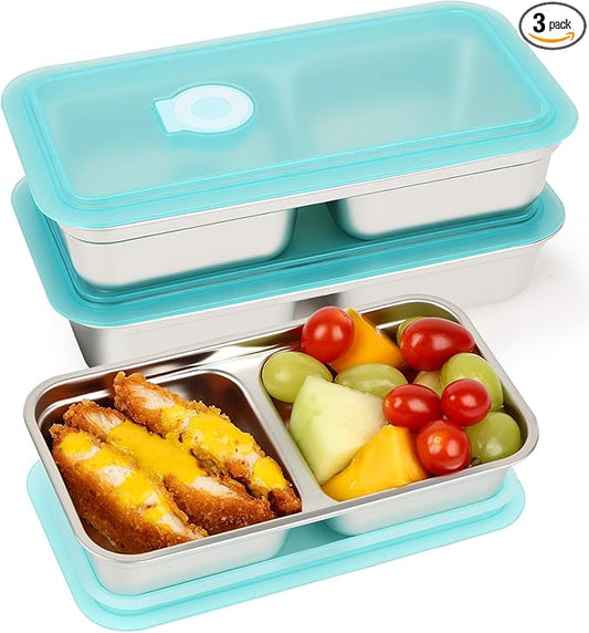 YQL 3 Pack Stainless Steel Snack Containers with Lids, Double Compartment Snack Box for Lunch Prep, Reusable Leakproof Bento Box, Food Storage Containers for Travel, Office, Camping