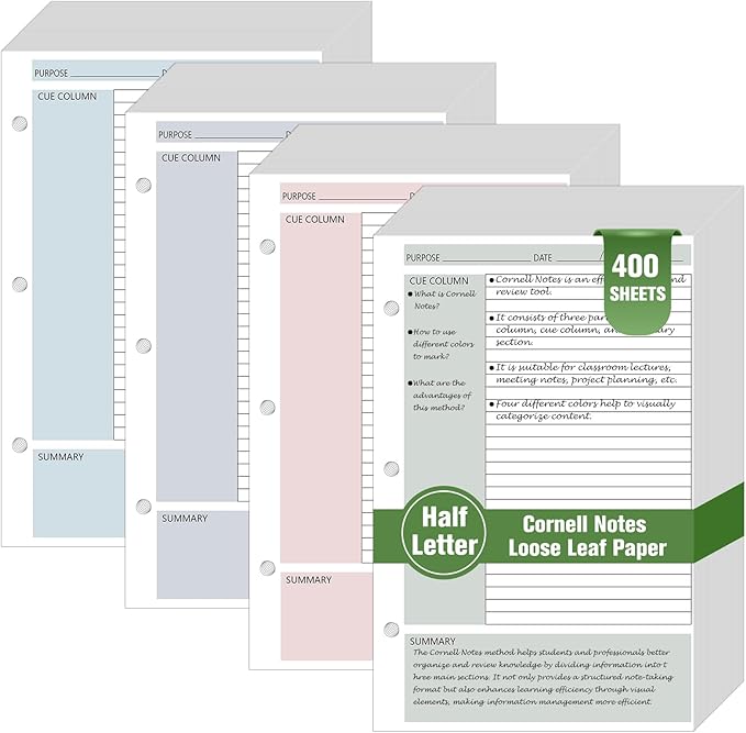 400 Sheet Half Letter Cornell Notes Loose Leaf Paper for 3 Ring Mini Binder 5.5" x 8.5" Lined Paper 9/32" Spacing Cornell Notebook Refills Taking System Filler Paper Bulk for School Office 80gsm