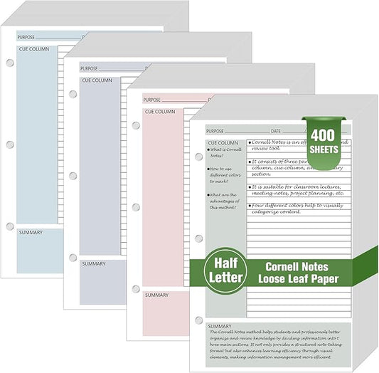 400 Sheet Half Letter Cornell Notes Loose Leaf Paper for 3 Ring Mini Binder 5.5" x 8.5" Lined Paper 9/32" Spacing Cornell Notebook Refills Taking System Filler Paper Bulk for School Office 80gsm