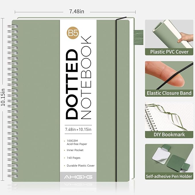 AHGXG Dotted Journal - Dot Grid Spiral Notebook B5, 140 Pages, 100 GSM Thick Paper, Waterproof Plastic Cover Journals for Bullet Journaling, Sketching, 7.6" x 10", Sage Green