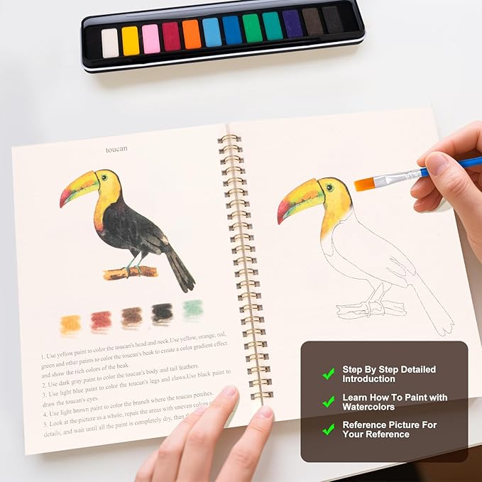 Metyond Watercolor Workbook - Watercolor Coloring Book with 1 Workbook 12 Colors Paint Set with Brush, Beginner Friendly Watercolor Workbooks Set Gift for Adults Teens (Birds)
