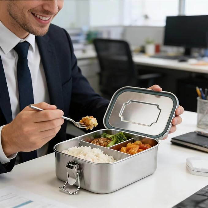 Stainless Steel Bento Box 40oz with 3 Compartments, Stainless Steel Lunch Box 1200ml, Metal Lunch Containers with Sealing Lockable Clips, Snack Containers for Adults Travel Work Dishwasher Safe