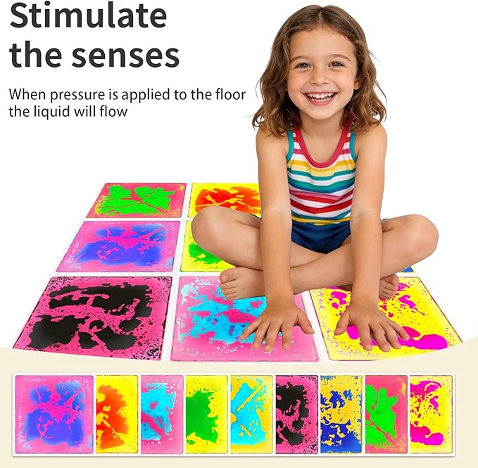 Sensory Liquid Floor Tiles for Kids: Liquid Fusion Activity Mpack with 9 One-Piece Glue-Free Sealing - Autism Toddler Must Haves Educational Sensory Water Play Mats Indoor（12x12inch）