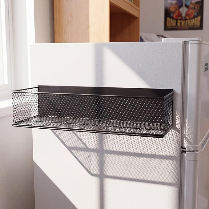 FoldTier 1 Pack Black Magnetic Basket Fridge Organizer, Magnetic Shelf Containers Storage Bin Holder for Kitchen Dorm Locker Refrigerator Classroom Whiteboard Office Table (13.8 x 3.1 x 4.9 Inch)