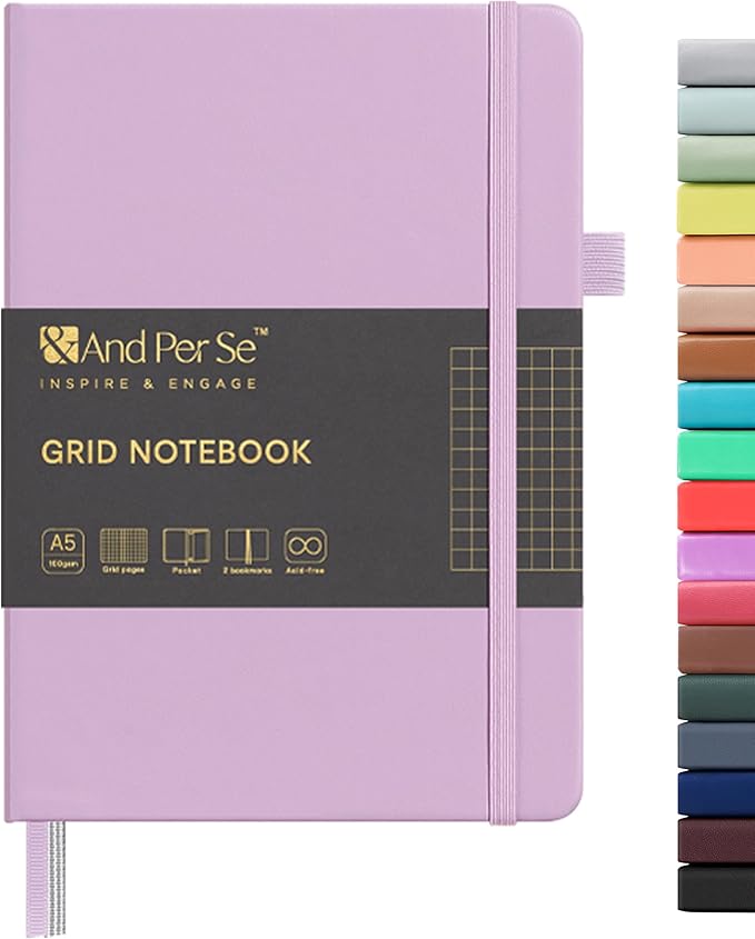 &And Per Se Graph Notebook, 5mm Grid, A5 Hardcover, 160 Pages 100gsm Thick Paper, Grid Journal for Diagrams, Wireframes, CAD Sketches (Lavender)