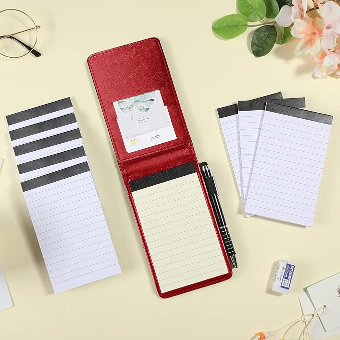 Outus 10 Pcs Mini Pocket Notepad Holder Set Included Small Leather Pocket Notebook Holder with 50 Lined Sheets, Metal Pen, 8 Pcs 3 x 5 Inch Memo Book Refills, 30 Lined Paper Per Note Pad (Red)