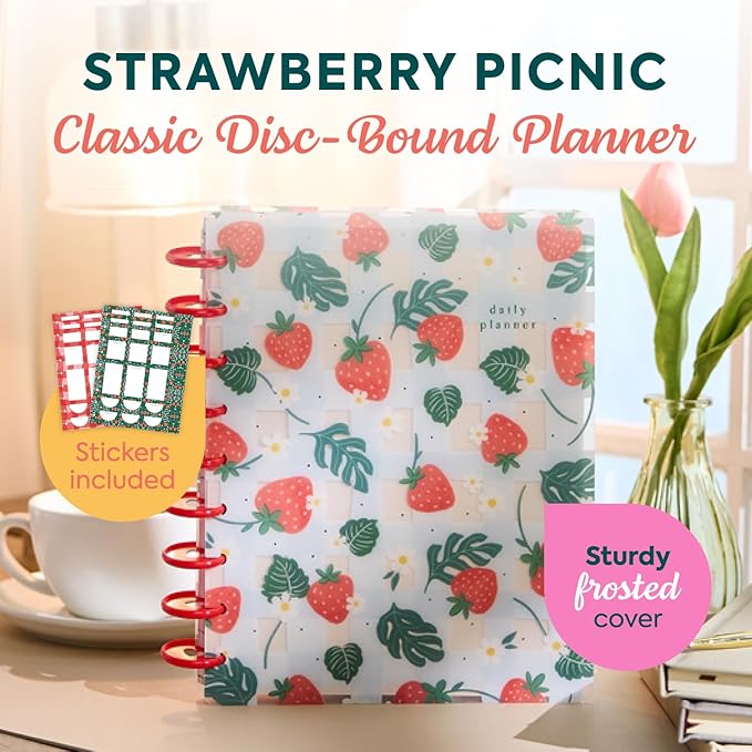 Happy Planner Disc Bound Planner July 2026–June 2027, Includes 3 Extra Months and 2 Sticker Sheets, Classic Size, 7" x 9.25", Horizontal Layout, Strawberry Picnic