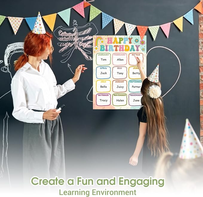 FaCraft Boho Birthday Chart Poster for Classroom - 16.5"x12" Reusable Laminated Happy Birthday Calendar with Glue Dots Bulletin Board Decorations Back to School Teacher Supplies Class Wall Decor