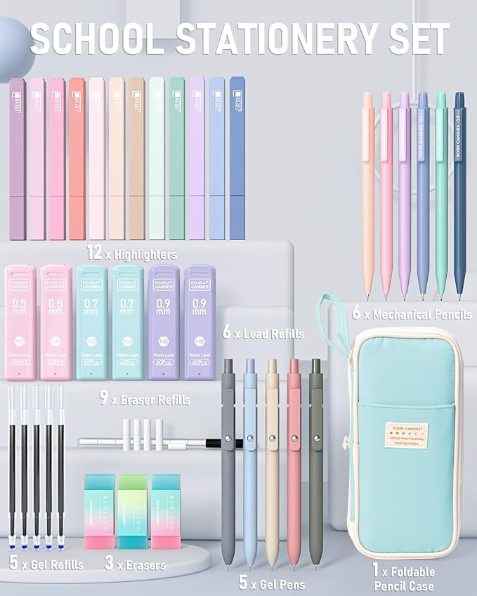 Four Candies 39 PCS Aesthetic School Supplies with Cute Pen Case, 12 Pastel Highlighters, 5 Black Ink Gel Pens, 6 Mechanical Pencils Set for Students Stationary College Essentials (Blue)