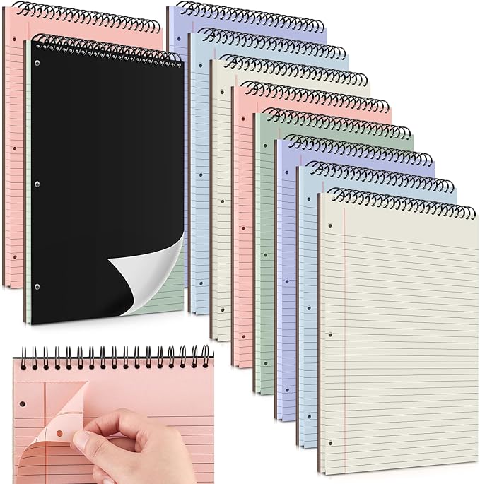 MotiMind 10 Pack 8.5" x 11" Top Spiral Notebook with 3 Hole Punched Legal Pads Notepad 50 Sheets Hard Cardboard Paper Wirebound Notepad for Office School Business (College Ruled,Gray Tones)