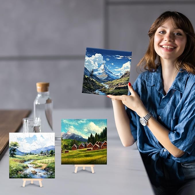 RoundFunny 8 Set Paint by Numbers Kit for Adults with 8x8 Inch Mini Simple Painting Canvas Wooden Frame Easel Acrylic Paints Brushes Funny Numbers Drawing Kit for Gift Home Wall Decor(Landscapes)