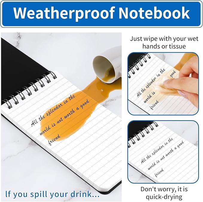 COIDEA 6 Pack Waterproof Notebook, 3 x 5 Pocket Notepad, Top-Spiral Weatherproof NotePad, All Weather Police Pocket Notebook Little Memo Steno Note Pads for Outdoor Office School Recording