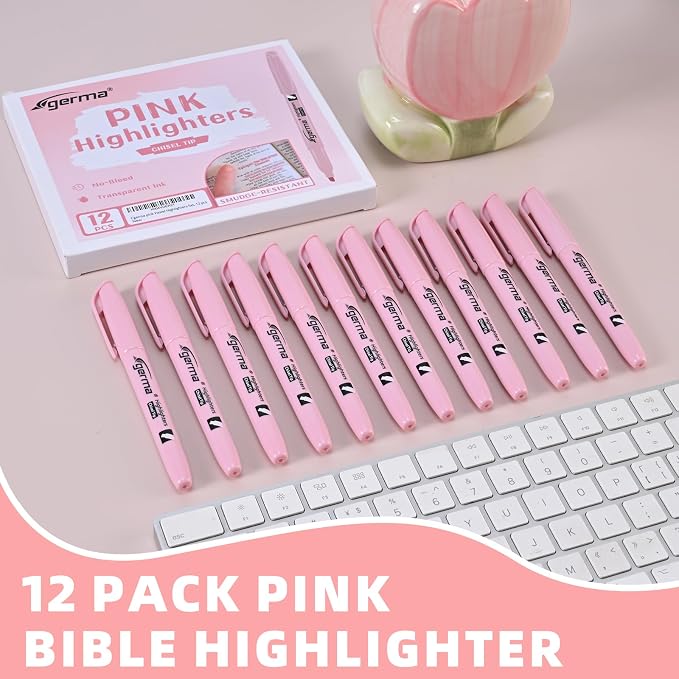 Cgerma Pink Highlighter 12 Pack, Mild Pastel Color, Chisel Tip Highlighters, Quick-Drying, Cute Aesthetic Markers for Journaling, Study, School Office Supplies