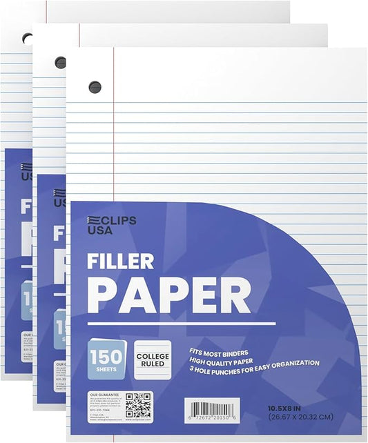 Loose Leaf Paper College Ruled Notebook Paper College Ruled Lined Writing Filler Paper 10.5” x 8” 450 Sheets 150 Sheets Per Pack 60 gsm (3 Pack)