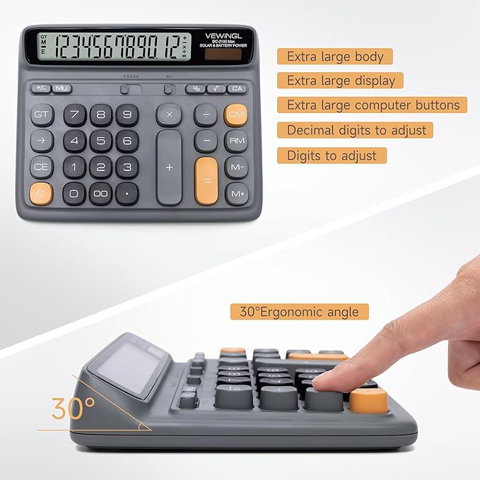VEWINGL Desktop Calculator with Extra Large LCD Display, 12-Digit Dual Power Solar & Battery Calculator, Big Button Office Calculator for Accounting, Home, School & Business Use (Charcoal Gray)