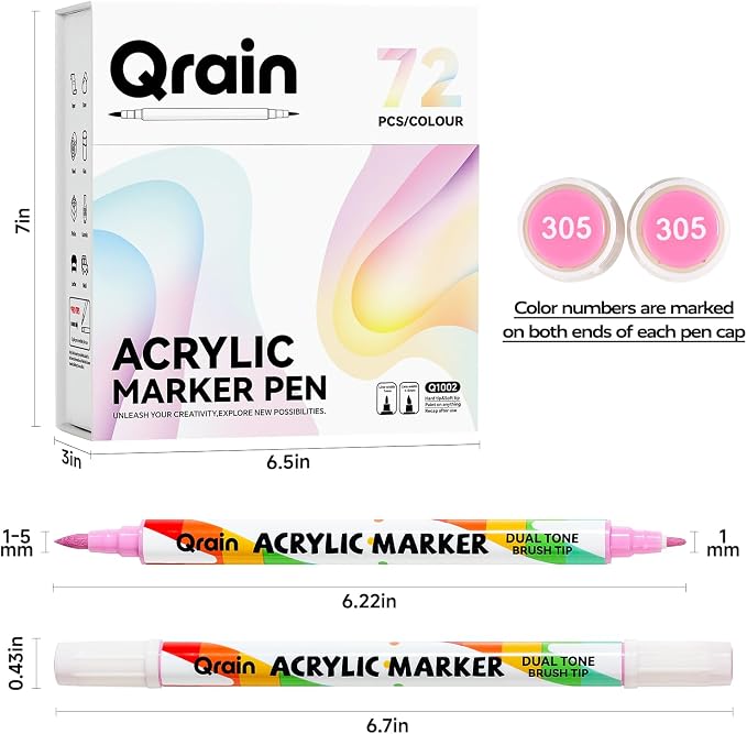 Qrain Acrylic Paint Markers Set, 72 Colors, Dual Tips (Brush & Fine), Water-Based Acrylic Markers for Rock, Wood, Glass, Fabric, Ceramics & DIY Crafts