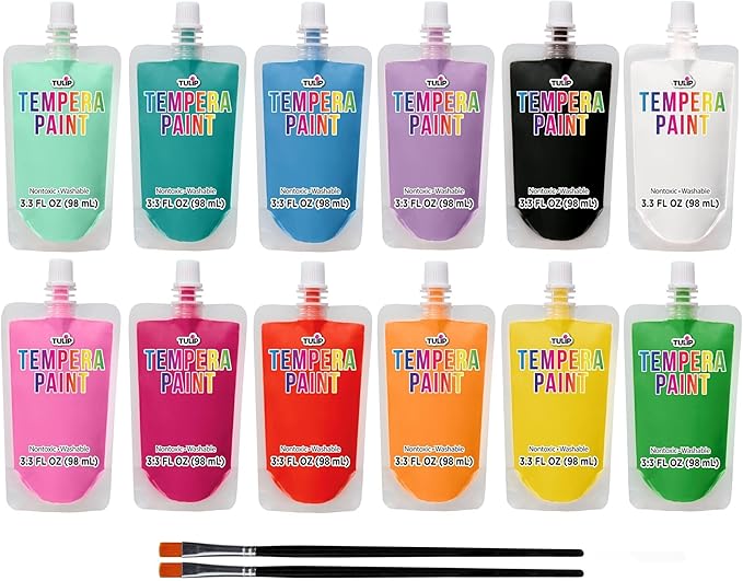 TULIP Washable Tempera Paint Pouches 12-Pack, Art & Craft Supplies, Non-Toxic, Quick Dry Paint, Easy Squeeze for Kids, 12 Rainbow Colors, 6+