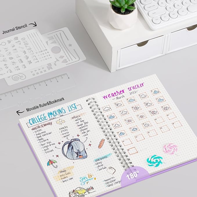 AHGXG Dotted Journal - Dot Grid Spiral Notebook A5, 160 Pages, 100 GSM Thick Paper, Waterproof Plastic Cover Journals for Bullet Journaling, Sketching, 5.7" x 8.3", Purple