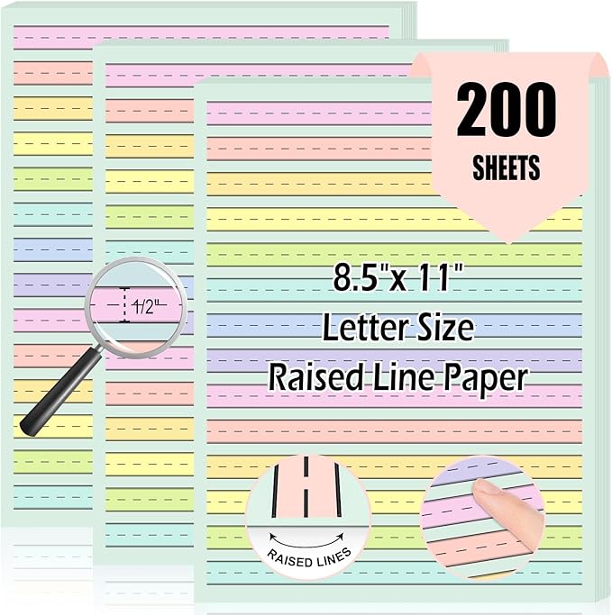 200 Sheet Raised Line Handwriting Paper With 1/2" Spacing Wide Ruled Writing Paper for Kindergarten 8.5"x 11" Colored Primary Writing Paper Pad Handwriting Practice For Kids Multi Sensory Dysgraphia