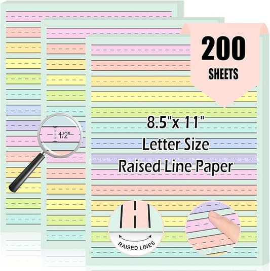 200 Sheet Raised Line Handwriting Paper With 1/2" Spacing Wide Ruled Writing Paper for Kindergarten 8.5"x 11" Colored Primary Writing Paper Pad Handwriting Practice For Kids Multi Sensory Dysgraphia