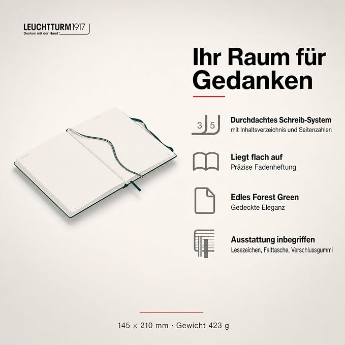 LEUCHTTURM1917 - Notebook Hardcover Medium A5-251 Numbered Pages for Writing and Journaling (Forest Green, Ruled)