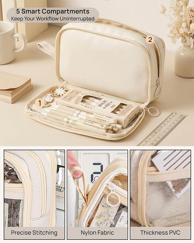 41Pcs Aesthetic Pink Office Supplies Set, All-in-One 5 Compartments Desk Organizer Kit with Large Capacity Pen Pouch, A5 Notebook for Women & Journaling (beige)