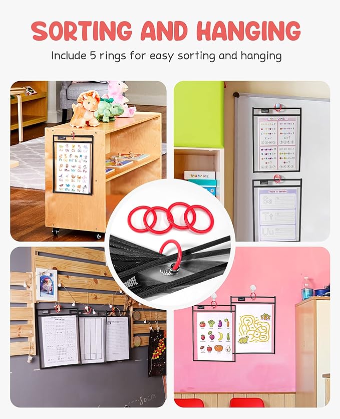 Gamenote Dry Erase Pockets 30 Pack with Rings, Oversized Reusable Plastic Sleeves Shop Job Ticket Holders Sheet Protectors Teacher Supplies Organization for Classroom Must Have, 10x14 Inches (Black)