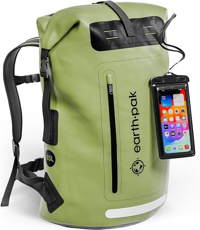 Waterproof Dry Bag Backpack 85L - Kayaking Boating Fishing Rafting Marine | Green 85L dry bag: 500D PVC, abrasion resistant build, IPX8 phone case for river and lake trips