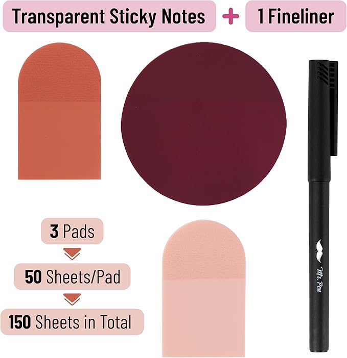 Mr. Pen- Transparent Sticky Notes Set, 150 Sheets, Transparent Sticky Notes with Black Fineliner Pen for Bible Study, Office, School, Planning, Journaling & Organization, Waterproof, Smooth Writing