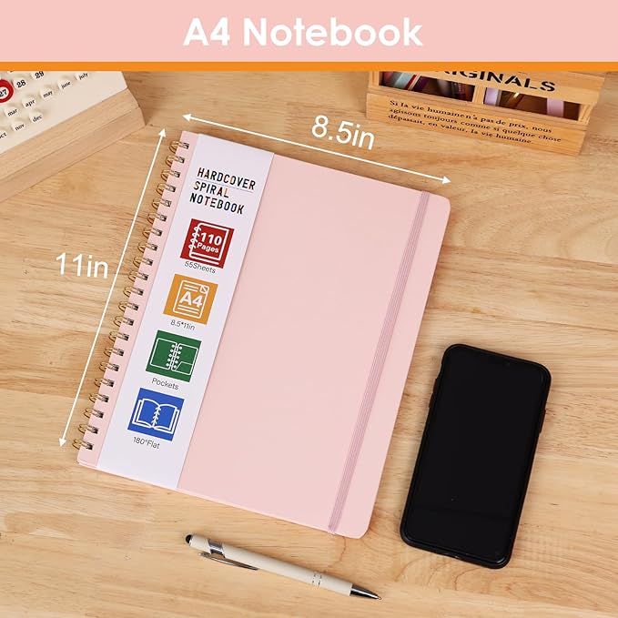LABUK Spiral Notebook 8.5 x 11, A4 Hardcover Notebooks for Women, 55 Sheets 110 Pages Large Journal for Work, School, (Pink)